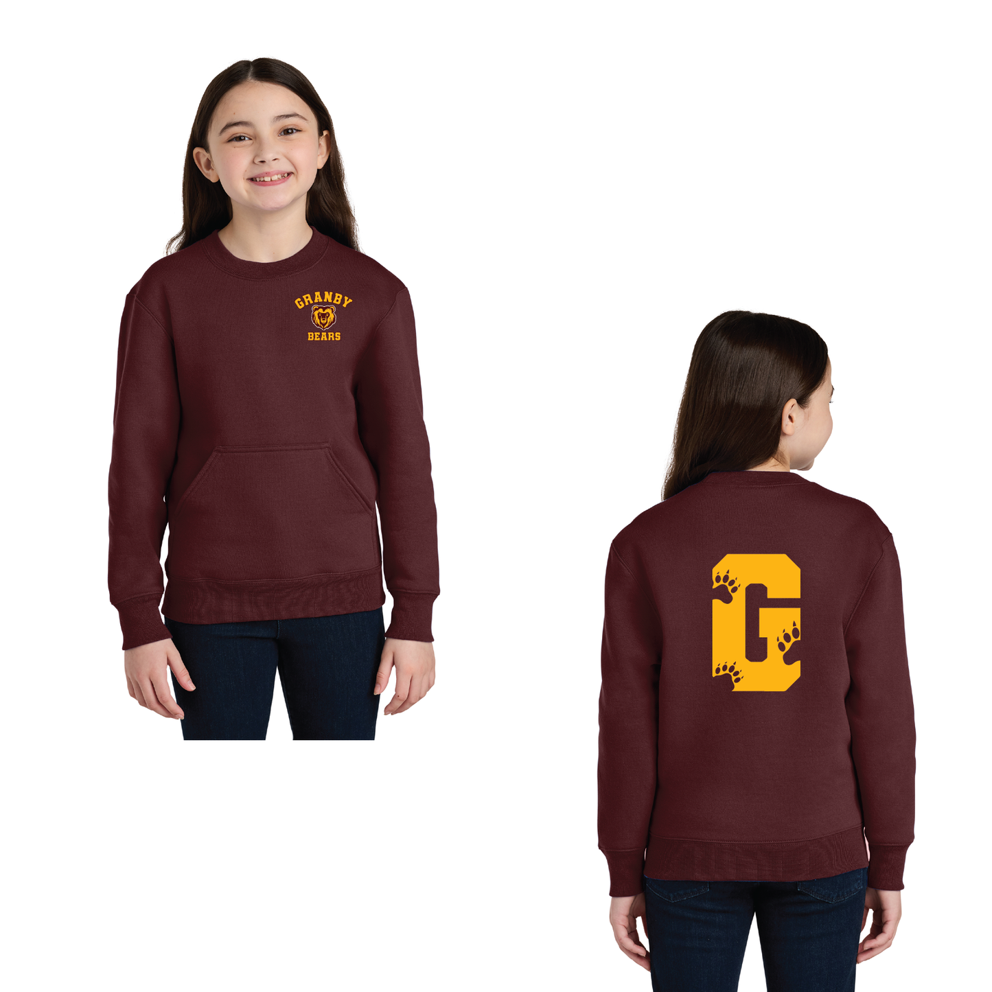 Granby Bears PTO: Port & Co™ Youth Core Fleece Crewneck Pocket Sweatshirt. PC78YPKT