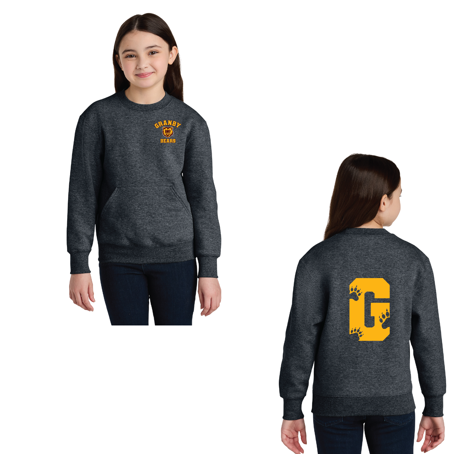 Granby Bears PTO: Port & Co™ Youth Core Fleece Crewneck Pocket Sweatshirt. PC78YPKT