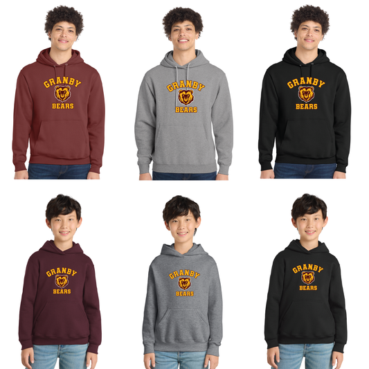 Granby Bears PTO: Youth & Adult Port & Co™ Core Fleece Pullover Hooded Sweatshirt. PC78H